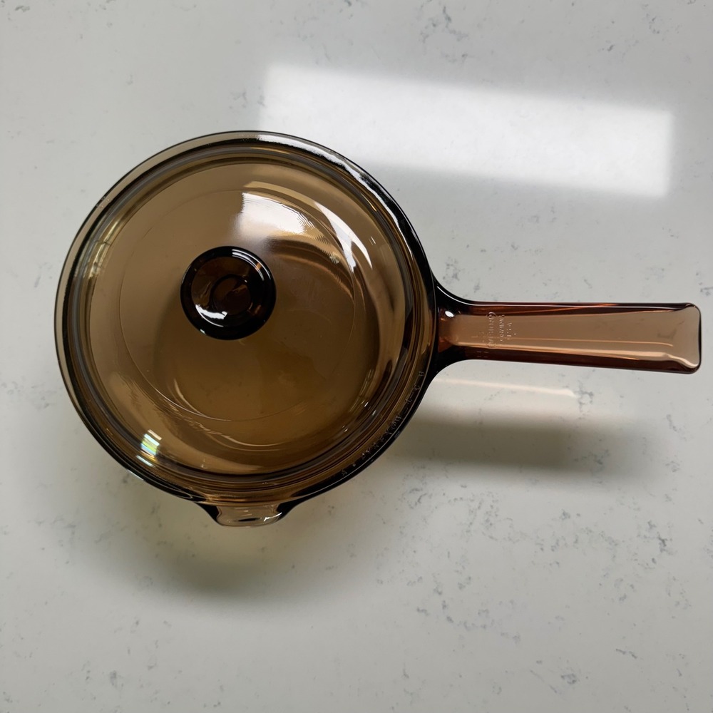 Vintage Vision Corning Ware Saucepan 1L Amber Brown Glass V-1-B Pyrex Lid USA